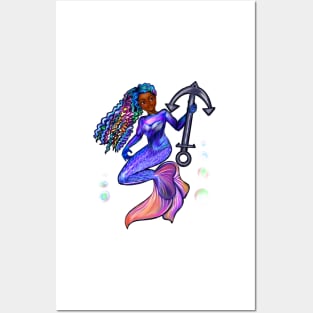 Mermaid and anchor, mermaid with brown eyes, Curly rainbow hair,brown skin - light background Posters and Art